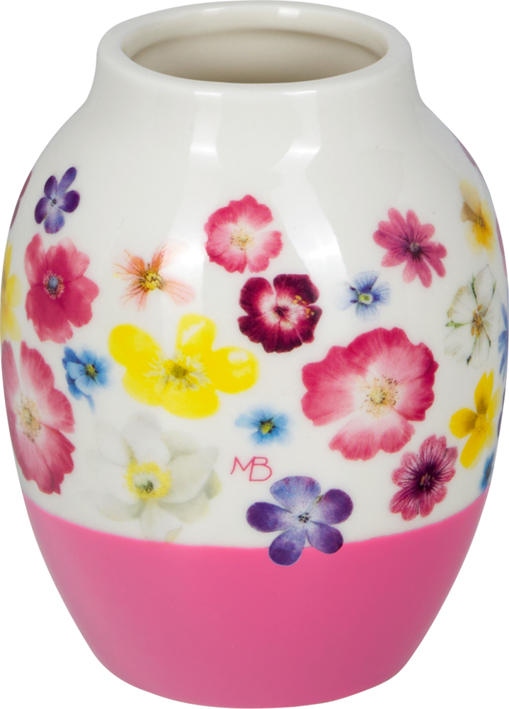 Weiße Vase mit bunten Blumenmustern. Der untere Teil ist vollflächig pink.