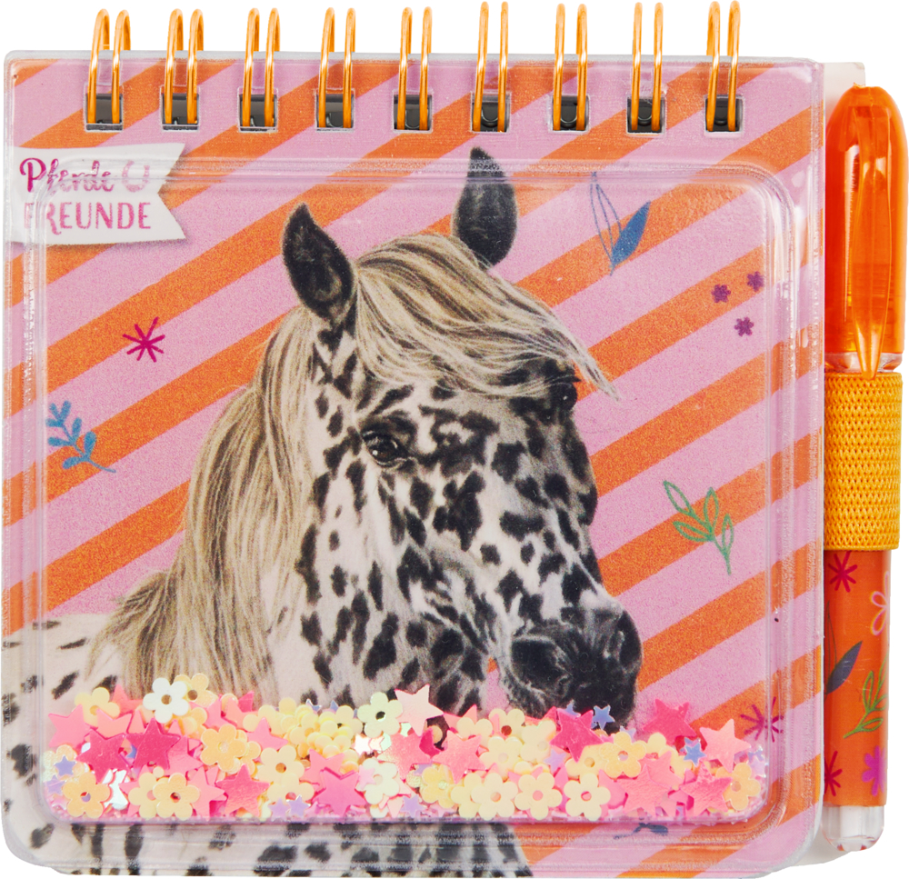 Spiralblock mit getupftem Pferd, orangefarbenen Streifen, Blumen-Konfetti und orangem Stift an der Seite.