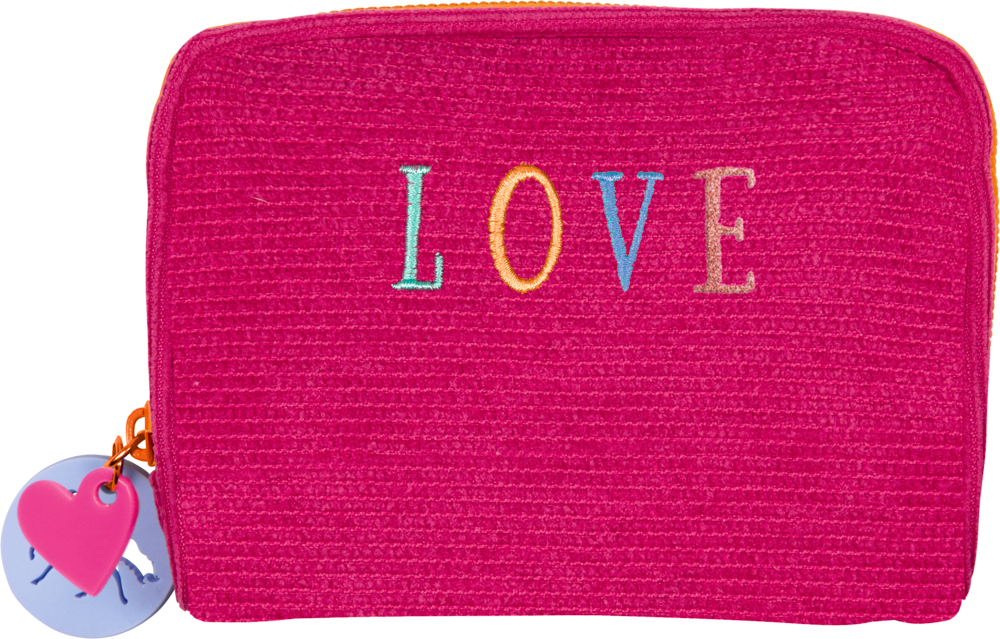 Pinkes Portmonee mit Reißverschluss, bunter „LOVE“-Stickerei und Herz-Anhänger.