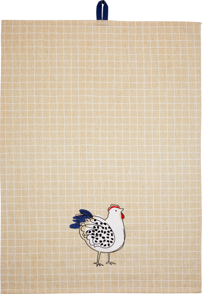 Geschirrtuch Huhn aus Baumwolle - LandLust Beige kariertes Geschirrtuch mit blauer Aufhängeschlaufe und Hühnerabbildung unten in der Mitte.