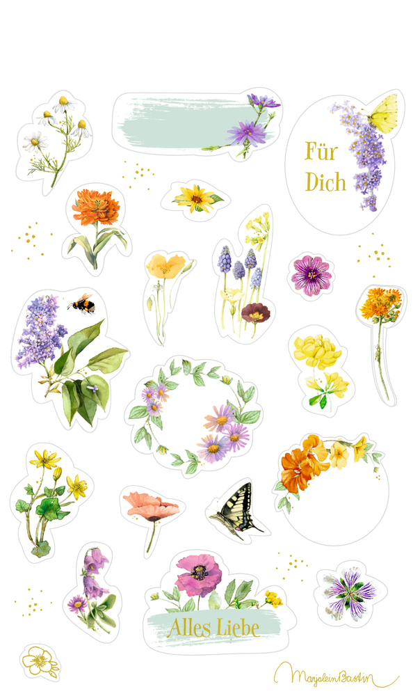 Bunte Blumenaufkleber, teilweise mit Text, Schmetterlinge und eine Biene auf weißem Hintergrund.
