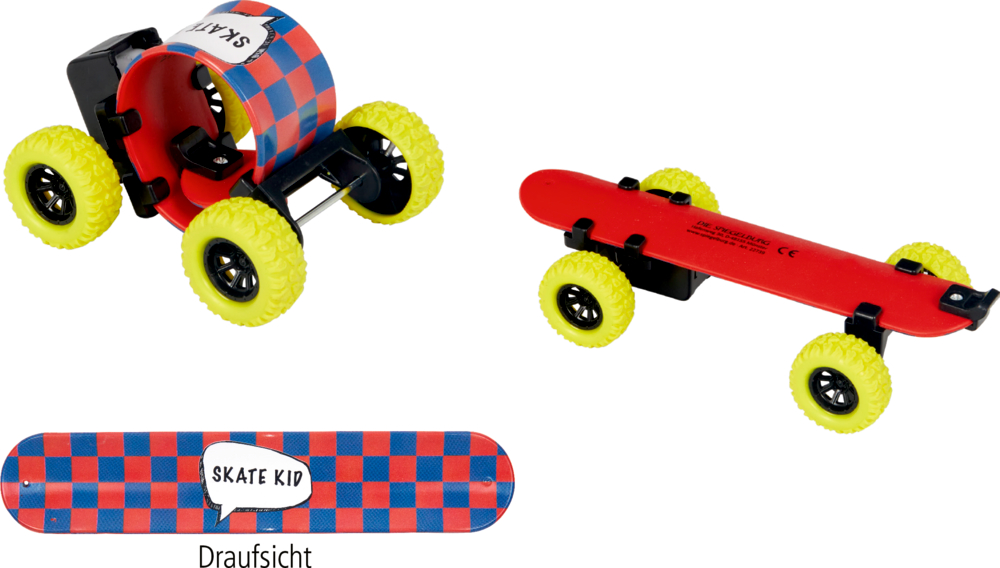 Skateboard-Schnapparmband - Bunte Geschenke Skateboard-Schnapparmband: gelbe Räder, rot/blau kariertes Deck, Text „SKATE KID“.
