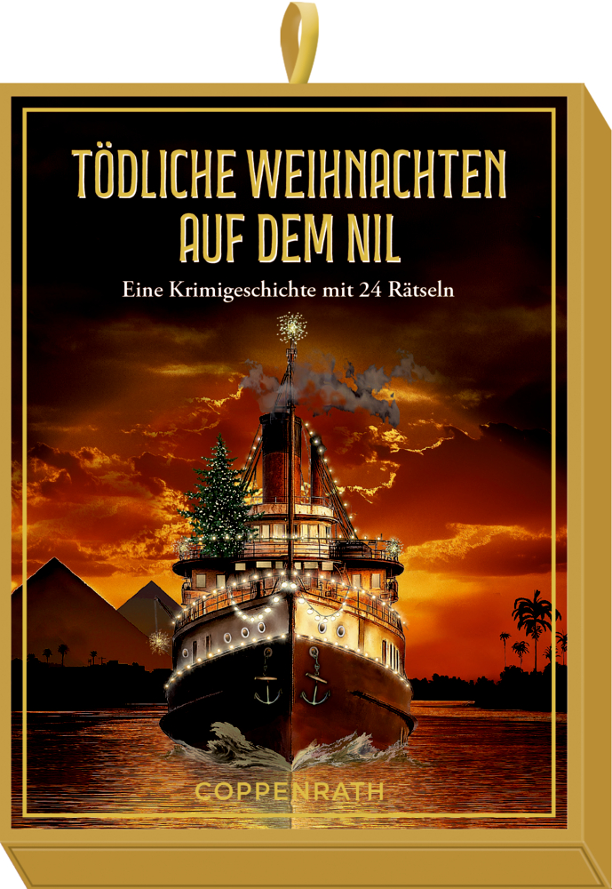 Cover eines Schachtelspiels: Illustration eines festlich geschmückten Schiffes auf dem Nil bei Sonnenuntergang mit Pyramiden im Hintergrund.