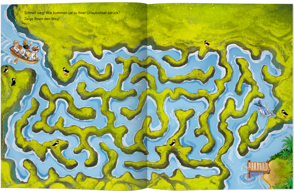 Labyrinth-artige Wasserlandschaft mit drei Tieren in einem Boot und Papageientauchern.