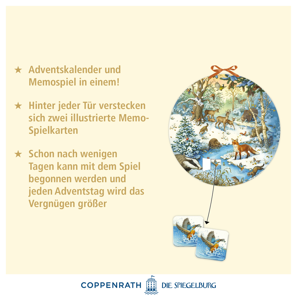 Adventskalender & Memospiel mit illustrierten Karten mit winterlichen Waldtieren und Schneelandschaften.