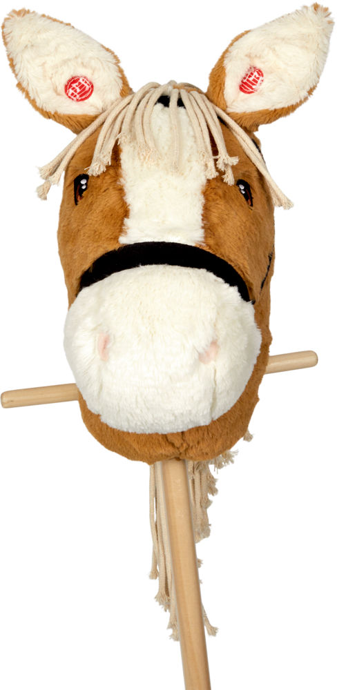 Plüsch-Steckenpferdkopf mit Knopfaugen und Garnmähne auf einem Holzstab.