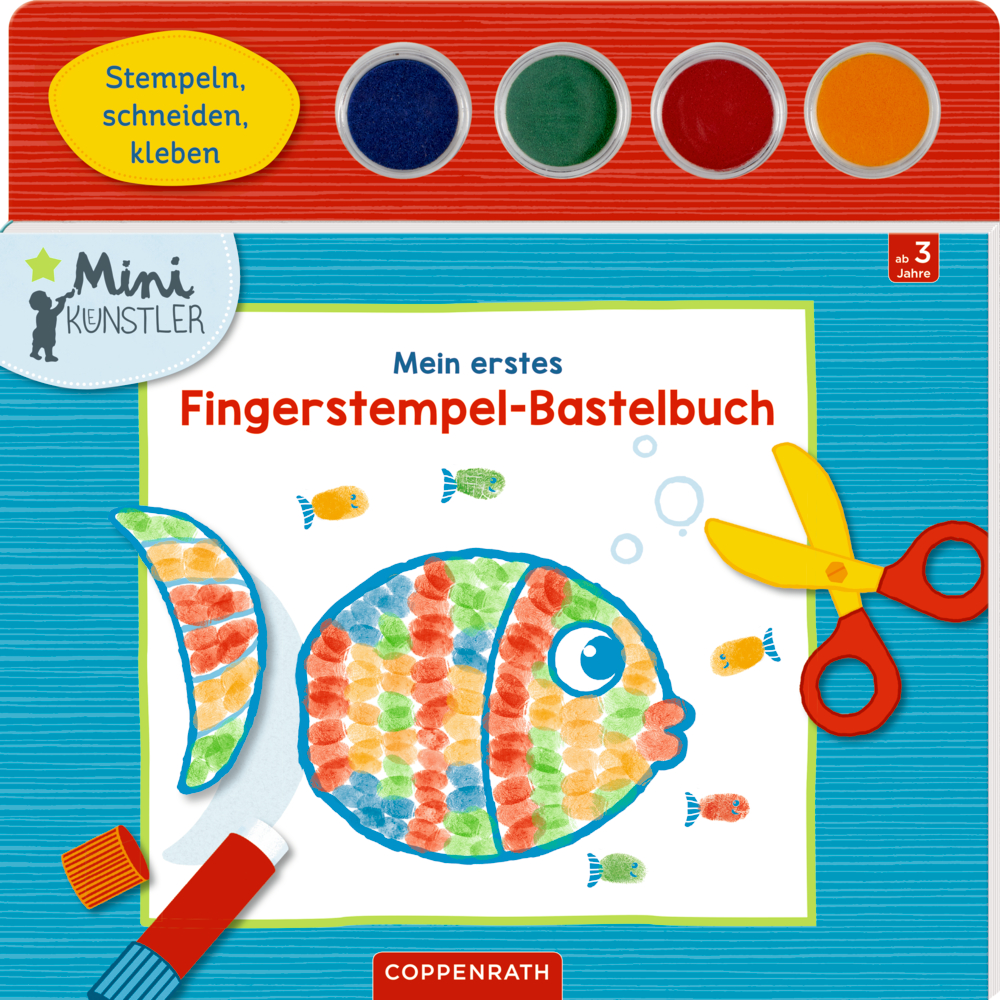 Mein erstes Fingerstempel-Bastelbuch (Mini-Künstler) Farbenfroher Einband für ein Bastelbuch für Kinder: Fisch mit Fingerabdrücken, Farbtöpfe, Schere und Kleber.
