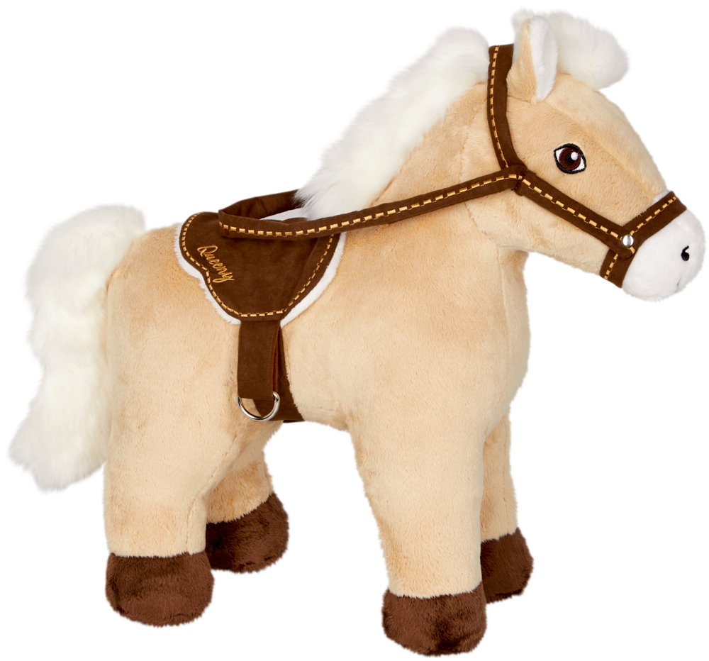 XL-Pferd Queeny - Pferdefreunde Plüschpferd mit hellbraunem Fell, weißer Mähne und Schweif sowie braunem Sattel und Zaumzeug.