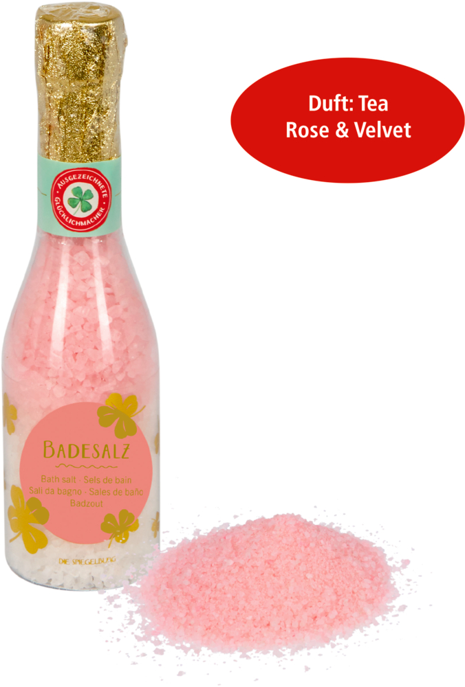 Rosa Badesalzflasche mit Blumenmuster, daneben loses Salz, aufgedruckt „Duft: Tea Rose & Velvet“.