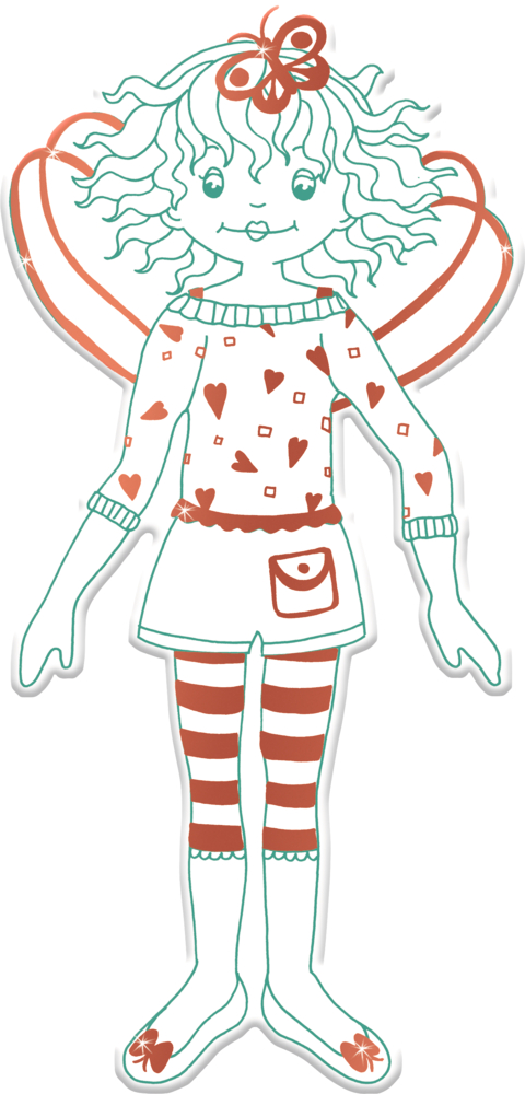 Lillifee mit lockigem Haar, Kleidung mit Herzmotiven, Flügeln, einer Schleife und einem strahlenden Lächeln.