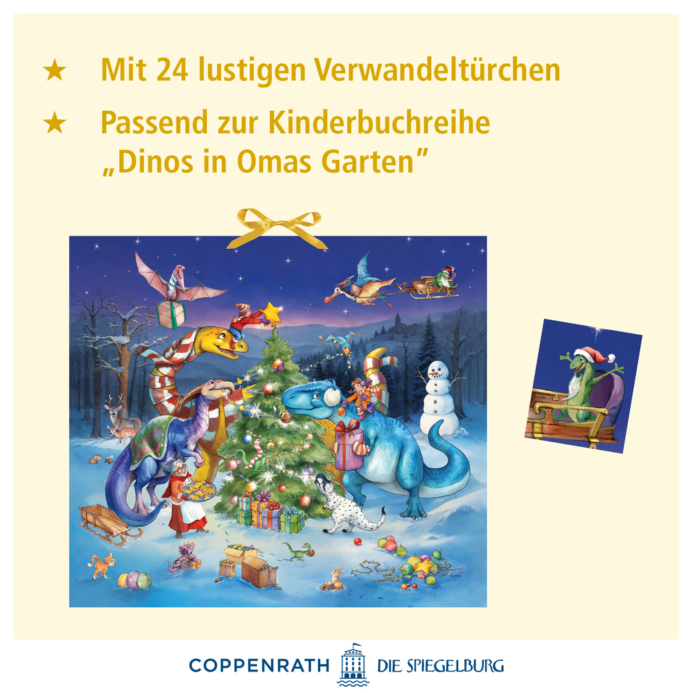 Bunte Dinosaurier schmücken im Schnee einen Weihnachtsbaum, umgeben von Geschenken, Tieren und einem Schneemann.