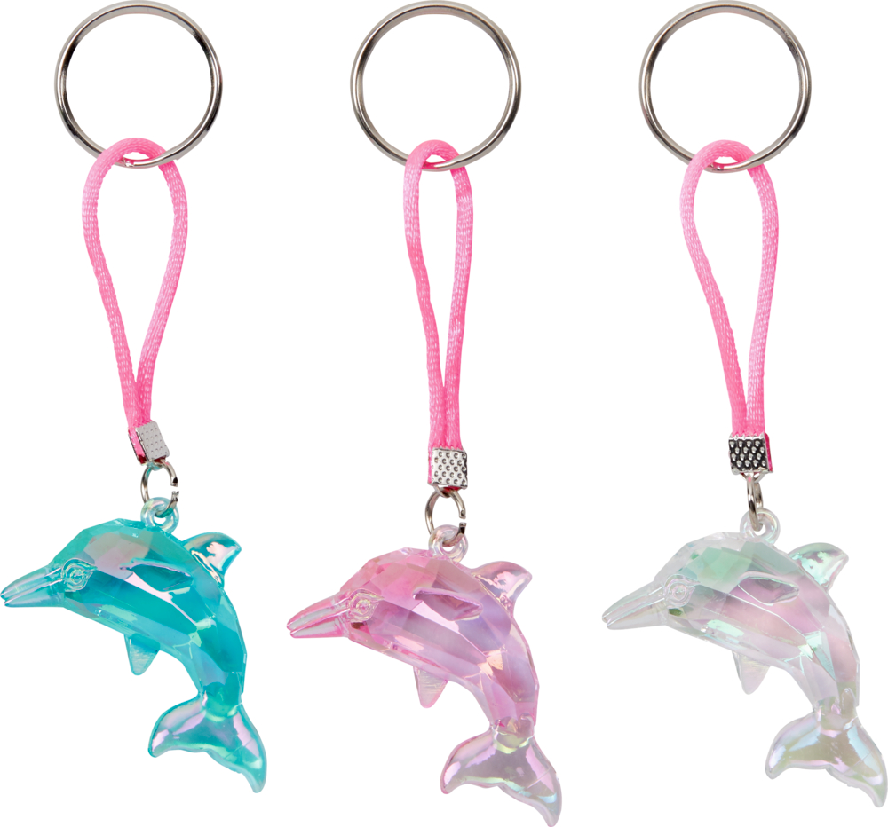 Delfin-Schlüsselanhänger Nella Nixe Drei Delfin-Schlüsselanhänger – blau, rosa und durchsichtig – mit rosa Riemen und silbernen Ringen.