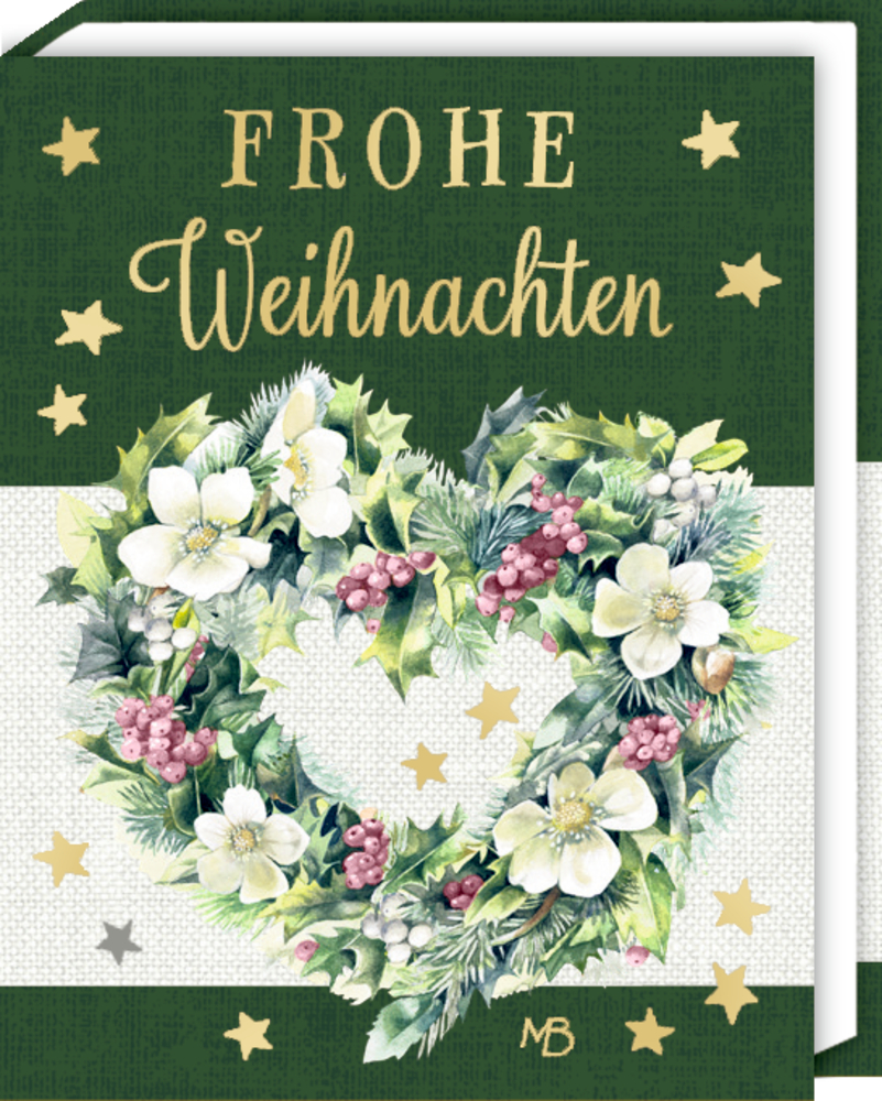 Grünes Büchlein mit Herzkranz aus weißen Blüten, Tannenzweigen und roten Beeren, Text „Frohe Weihnachten“.