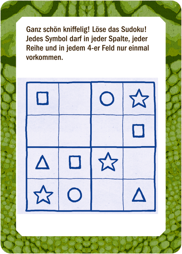 Ein 4x4 Sudoku-Gitter zeigt teilweise ausgefüllte Felder mit Sternen, Kreisen, Quadraten und Dreiecken.