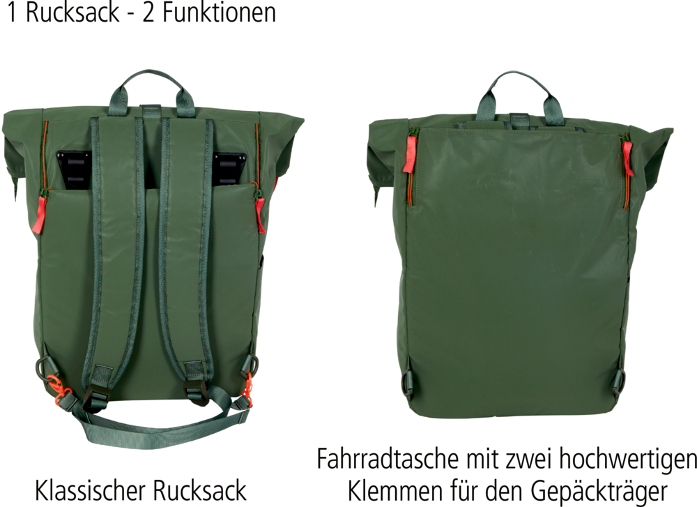 Vorder- und Rückseite eines olivgrünen Rucksacks mit orangenen Details und Fahrradtaschenfunktion. 