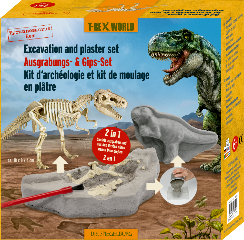 Ausgrabungs- & Gips-Set T-Rex - T-Rex World Ausgrabungsset mit T-Rex-Skelettmodell, Werkzeugen und illustriertem Dinosaurier-Hintergrund.