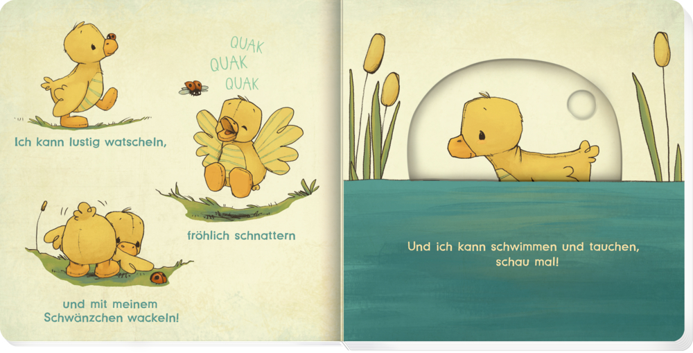 Ein gelbes Entenküken watschelt, flattert, wackelt mit dem Schwanz und schwimmt im Teich zwischen Rohrkolben, auf einer Doppelseite eines Buches mit Text.