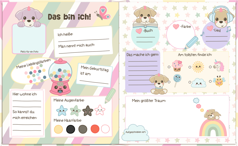 Bunte Seite mit Hunden, Sternen, Herzen und pastellfarbenen Flächen für persönliche Angaben.
