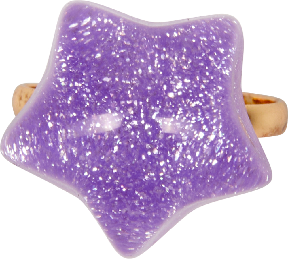 Goldring mit einem großen, funkelnden, violetten, sternförmigen Edelstein oben drauf.