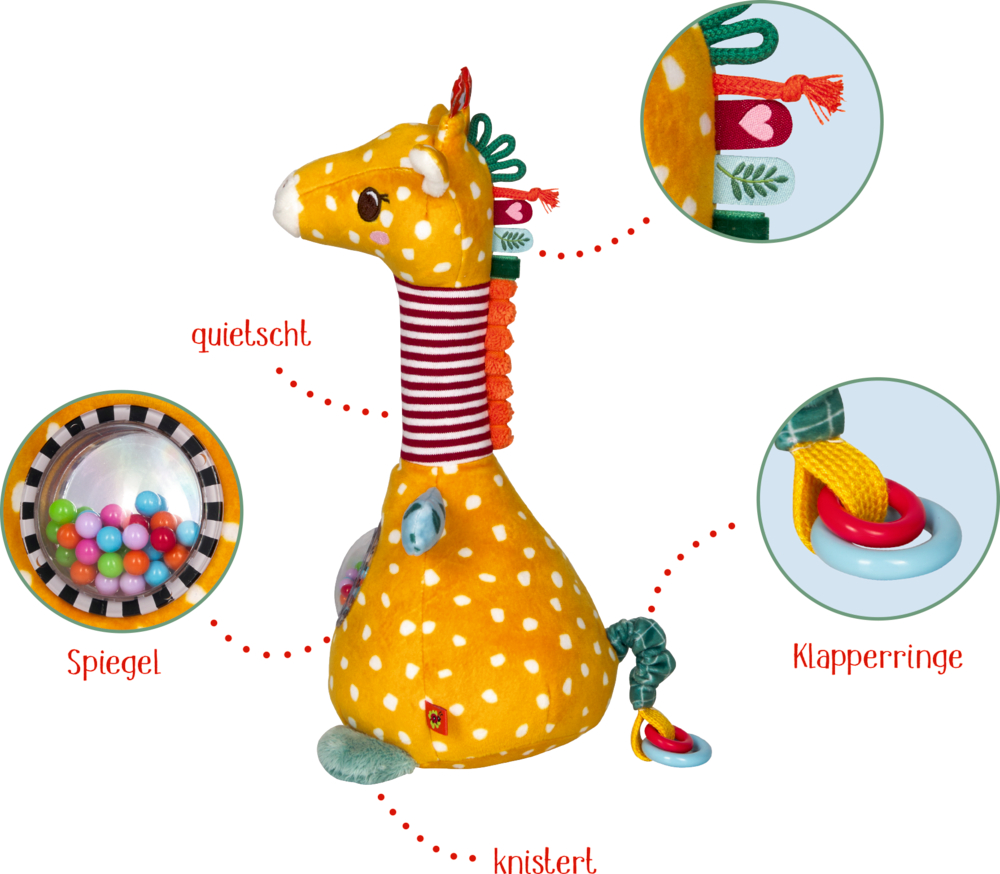 Gelbe Giraffe mit Punkten, Spiegel am Bauch, knisterndem Ohr, klappernden Ringen und strukturierter Anhängern.