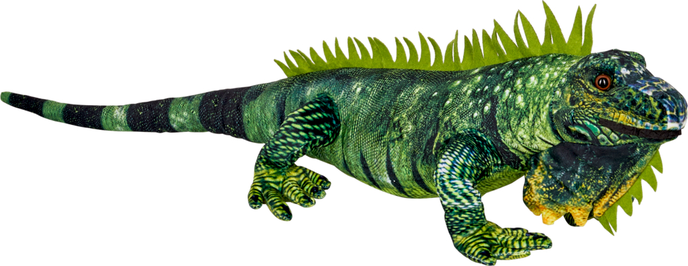 Grüner Leguan aus Stoff mit strukturierter Haut und Stoffstacheln auf dem Rücken.