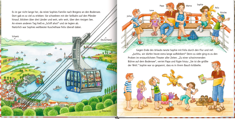 Eine Familie fährt mit der Seilbahn über einen See und isst anschließend gemeinsam Snacks auf einem Boot, eine Innenansicht mit deutschem Text.