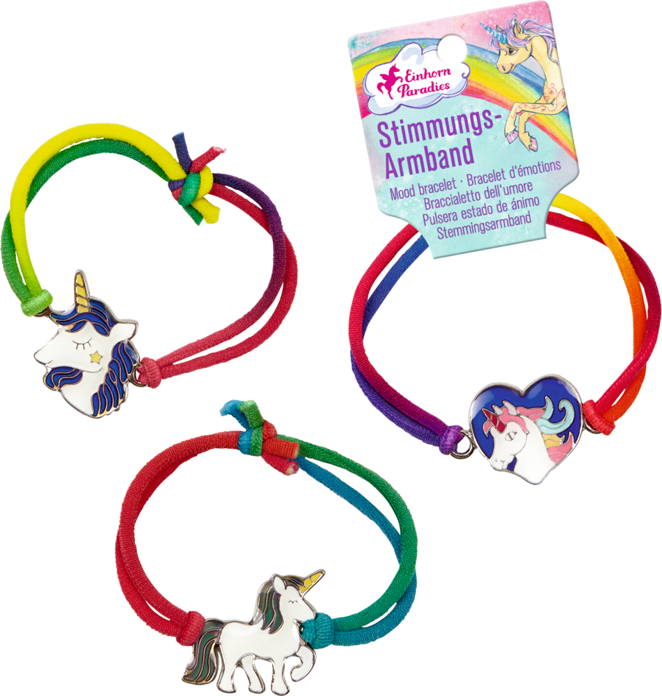 Stimmungsarmband Einhorn-Paradies (one size) Drei leuchtende Armbänder mit Emaille-Anhängern in Form von Einhörnern.