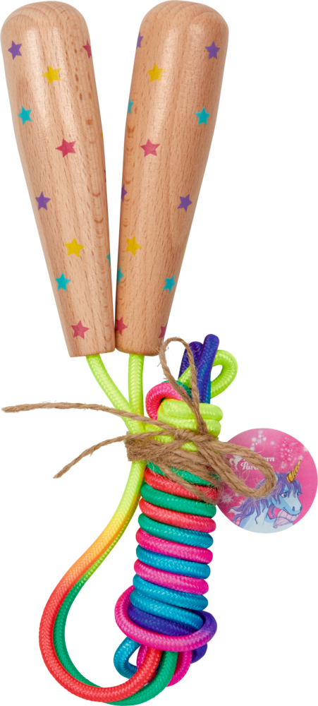 Springseil mit Holzgriffen, Regenbogenseil, bunten Sternen, Schnurverschluss und einem Einhornanhänger.