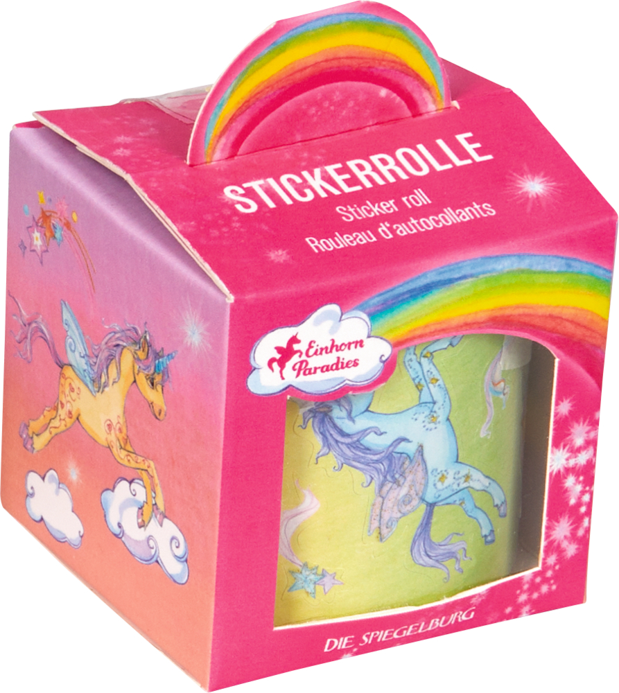 Stickerrolle - Einhorn-Paradies Pinkfarbene Box mit Einhorn-Illustrationen, Regenbogengriff und durch ein Fenster sichtbarer Einhorn-Aufkleberrolle.