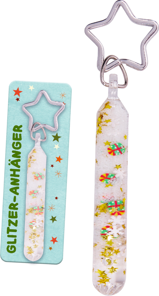 Transparenter Anhänger mit silbernem Sternen-Karabiner, gefüllt mit weißen Schneeflocken, goldenen Sternen und kleinen Geschenkformen.