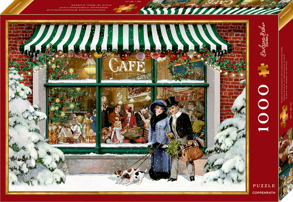 Puzzle-Box: Festliche Café-Fensterszene: Drinnen Menschen, draußen auf der verschneiten Straße steht ein Paar mit Hund und Geschenken.