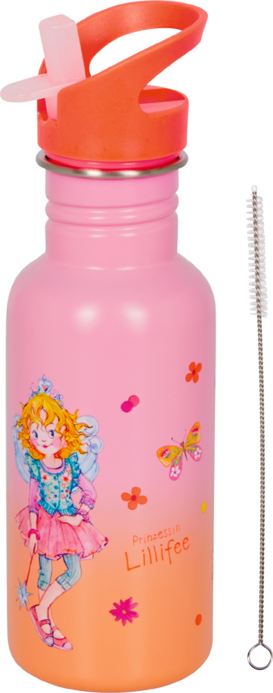 Rosa Trinkflasche mit einer Cartoon-Prinzessin, Schmetterlingen, Blumen und einer Reinigungsbürste.
