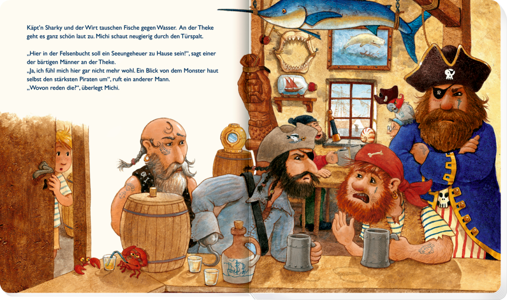 Buchinnenabbildung mit Text und der Illustration von vier trinkenden Piraten in einer Taverne.