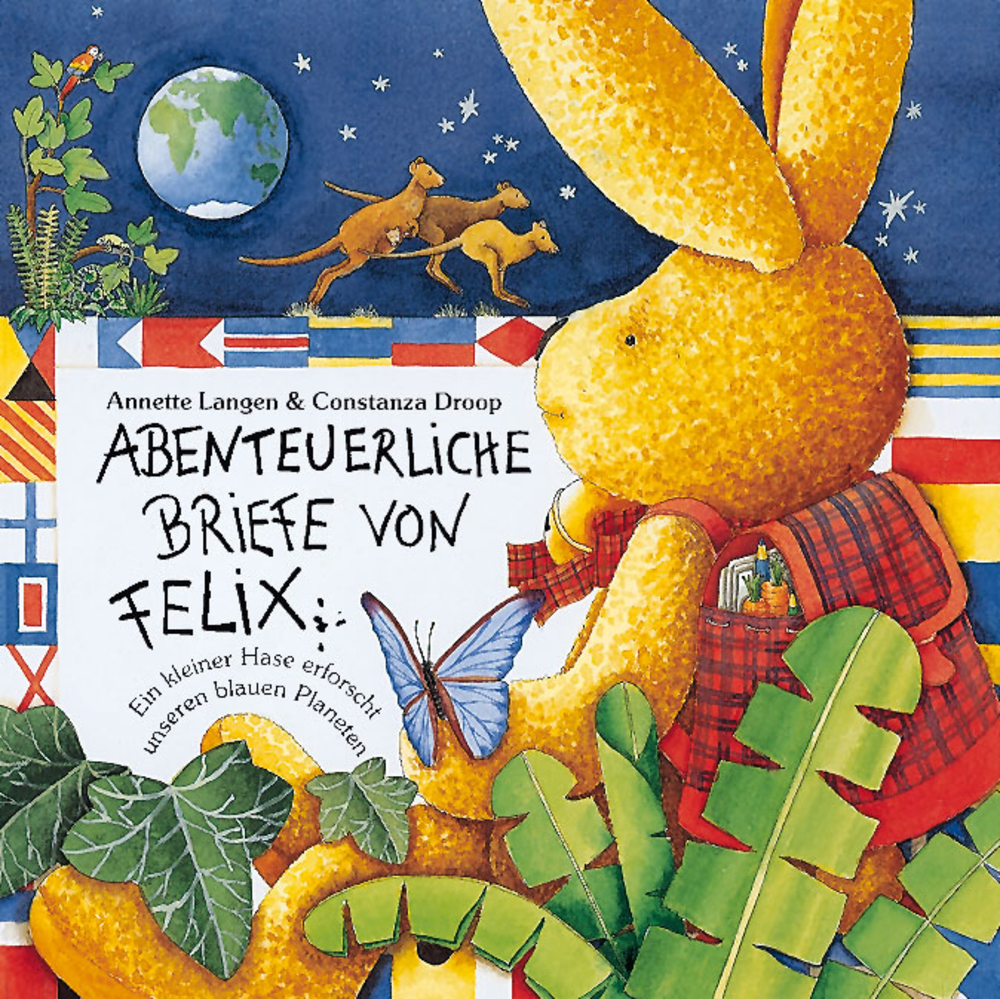 Abenteuerliche Briefe von Felix Ein gelber Plüschhase sitzt mit Buchstaben und Schmetterling vor Fahnen unter sternklarem Nachthimmel.