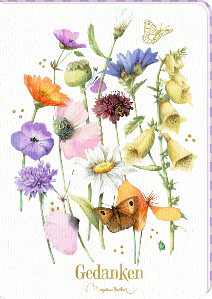 Cover eines Notizbuchs mit Aquarell-Wildblumen, Schmetterlingen, einem Käfer, goldenen Akzenten und der Aufschrift „Gedanken“ unten.