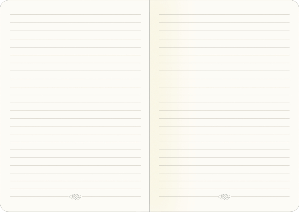 Leeres liniertes Notizbuch mit einem dekorativen Symbol am unteren Rand jeder Seite.