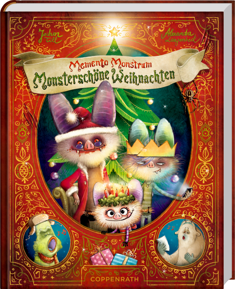 Buchcover mit weihnachtlich geschmücktem Baum und drei fröhlichen Monsterfiguren in festlicher Kleidung.