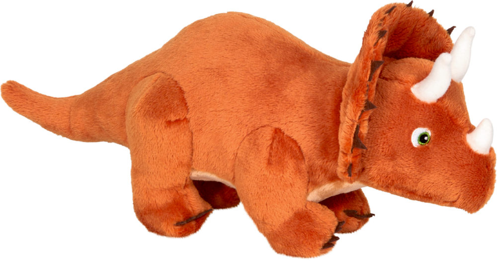 Triceratops - Dino Friends Orangefarbener Triceratops-Dinosaurier aus Plüsch mit grünen Augen und weißen Hörnern.