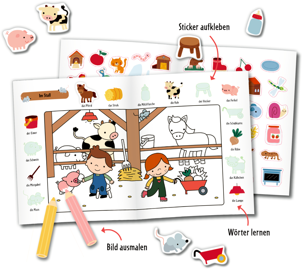 Mehrere Seiten aus einem Bauernhof-Sticker-Malbuch, die mit Aufklebern versehen werden, ausgmalt werden und dabei kann man die Tiernamen und Sachwörter lernen.