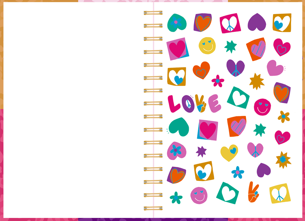 Notizbuch, aufgeschlagen auf einer Seite, die mit bunten Herzen, Blumen, Smileys, „LIEBE“ und Friedenszeichen verziert ist.
