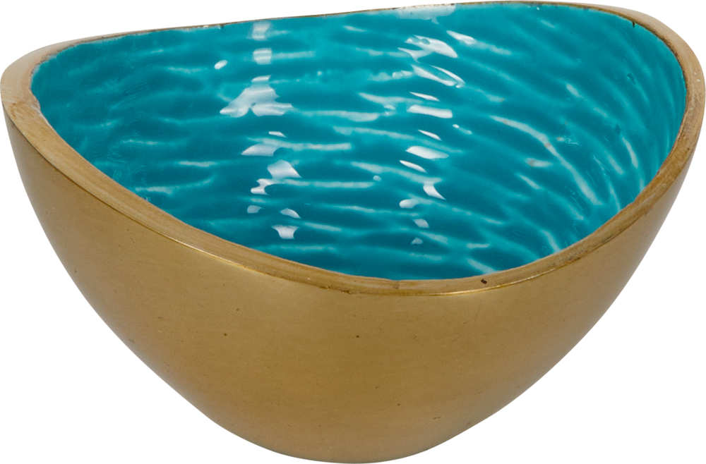 blau, Kleine Metall-Schale - Lieblingsstücke Goldene Schale mit glatter, hellblau gewellter Innenseite, präsentiert vor einem weißen Hintergrund.