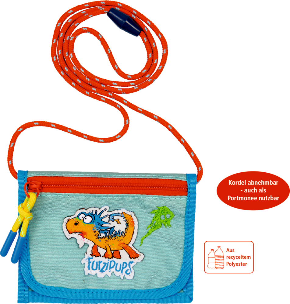 Kleines blau-oranges Täschchen mit lustigem Drachen-Motiv und „FuzziPups“-Schriftzug an orangem Band.