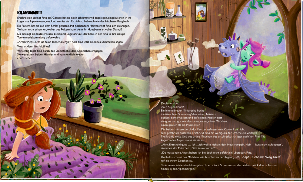 Ein Mädchen erschrickt im Bett, als ein Drache mit einem weiteren Mädchen am Fenster vorbeifliegt, auf einer Doppelseite mit Text.