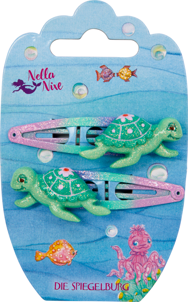 Haarclips Schildkröte -  Nella Nixe Zwei rosa-grüne Haarspangen mit grünen Schildkröten auf ozeanblauer Pappkarte.