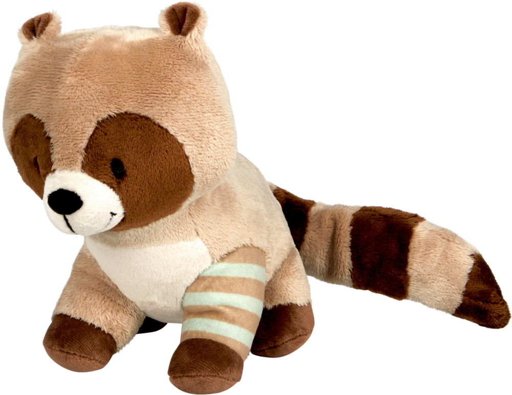 Liebling-Waschbär (J. Tourlonias) Plüsch-Waschbärspielzeug mit braunem und beigem Fell, dunklen Augenflecken und gestreiftem Schwanz.