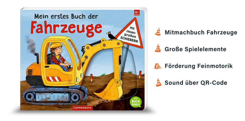 Kinderbuch-Cover darauf eine Person im gelben Bagger, daneben Eigenschaften von dem Buch.