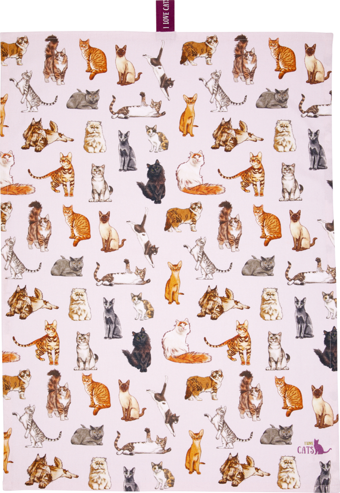Geschirrtuch - I love cats (I love cats & dogs) Hellrosa Geschirrtuch übersät mit vielen kleinen Katzenillustrationen.