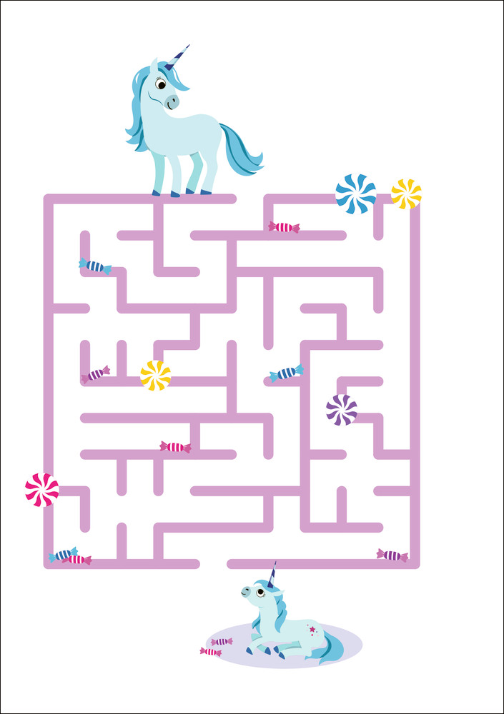 Führen Sie ein blaues Einhorn von oben durch ein Süßigkeitenlabyrinth, um unten ein weiteres Einhorn zu erreichen, auf einer Rätselseite.