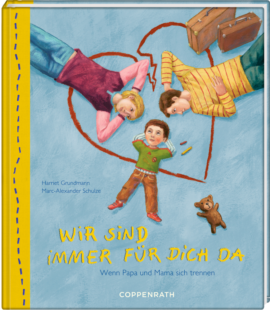 Wir sind immer für dich da Ein illustriertes Kind und zwei Erwachsene liegen auf blauem Boden in der Umrisslinie eines roten Herzens, daneben stehen Koffer und ein Teddybär.