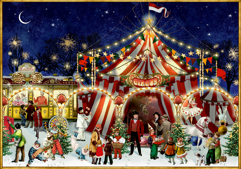 Puzzle - Nostalgischer Weihnachtszirkus (1000 T.) Behr Nachtzirkus: Artisten, Kinder und Tiere neben einem gestreiften Zelt, das in festlichem Licht erstrahlt.